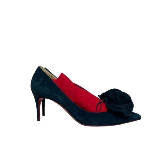 CHRISTIAN LOUBOUTIN • SUEDE FLOWER POINTED TOE HEELS W/ DUST BAG - Picture 2 of 7